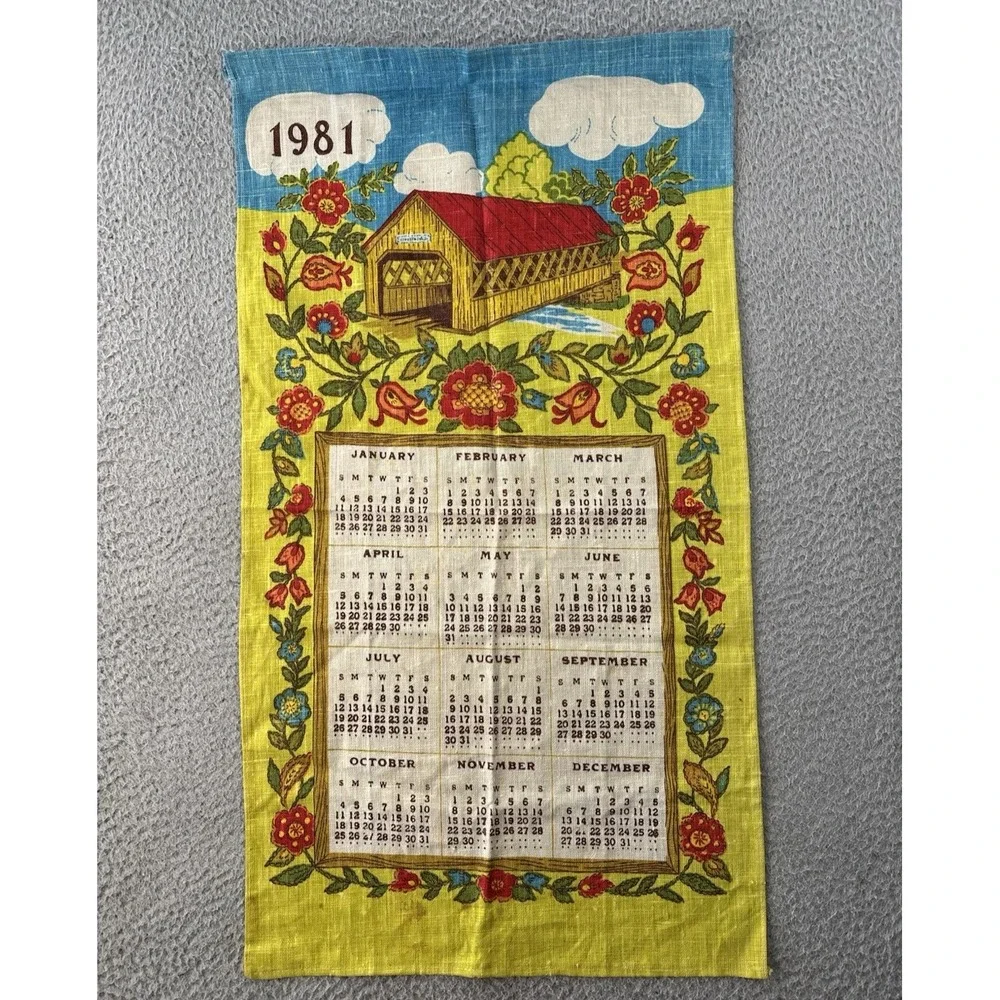 Vintage 1981 Calendar Tea Towel 16x29 Country Cottagecore Floral